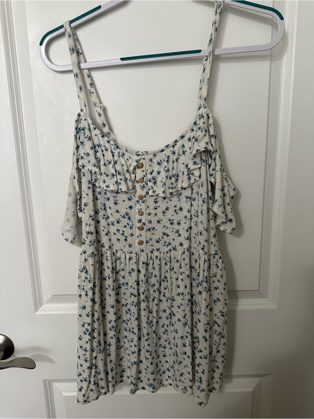 torrid Cream Floral Cold-Shoulder Tank Top with Blue Print